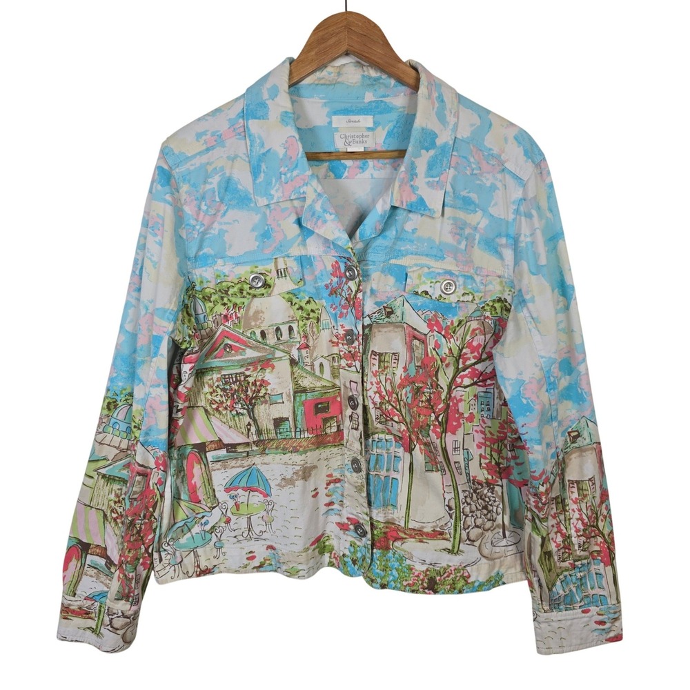 Christopher & Banks Scenic European Village Art Print Stretch Jacket Womens XL